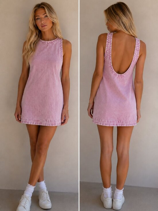 Olivaceous Dresses & Skirts - Olivaceous Luna Washed Open-back 100% Cotton Pink Acid Wash Mini Dress M